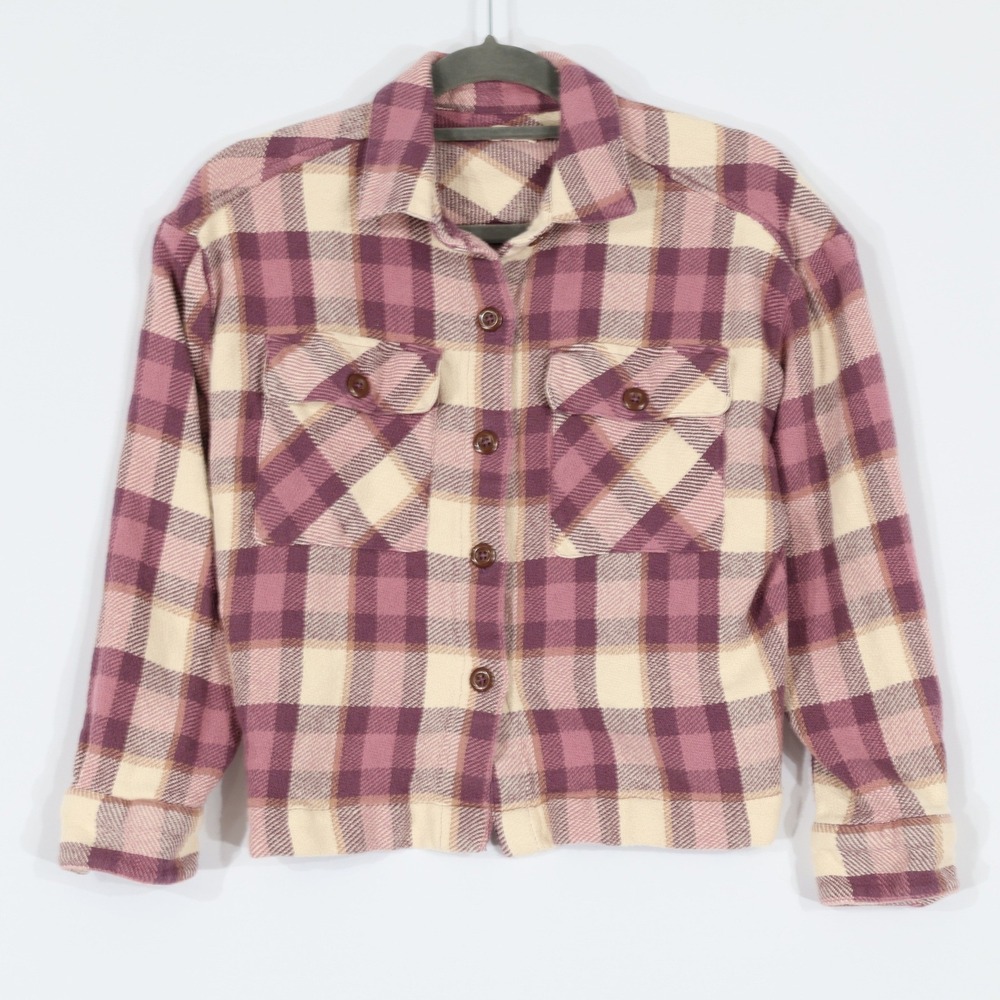 Faherty Flannel Shirt Women Size S Purple Cream Plaid Organic Cotton Cabincore